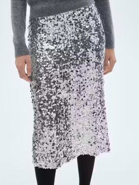 Mango Silver Sequin Midi Skirt